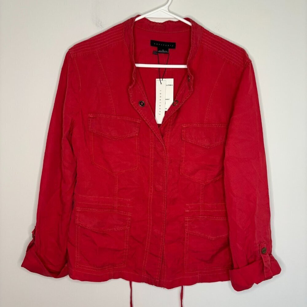 SANCTUARY NEW Safari Jacket Women M Red Pockets Roll Tab Sleeves Lightweight